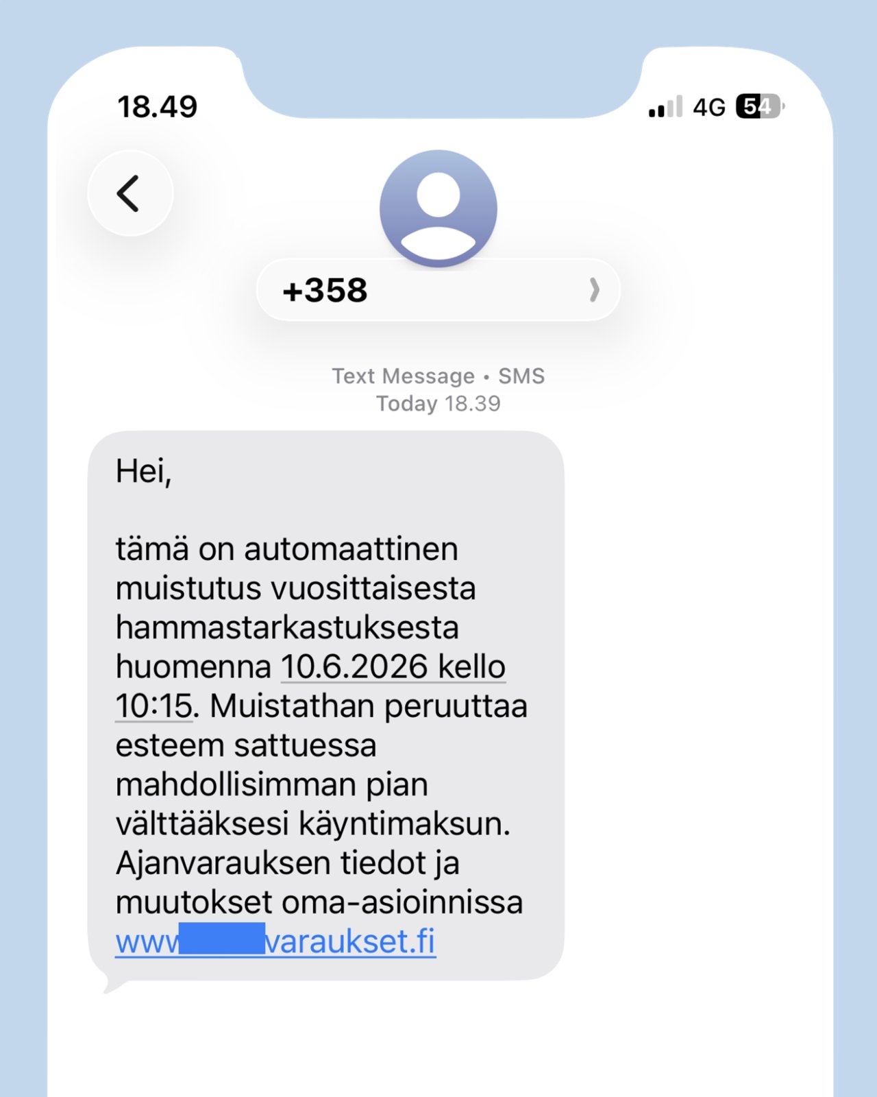 kuvakaappaus hammaslääkäriajanvarauksen varjolla lähetetystä kalasteluviestistä
