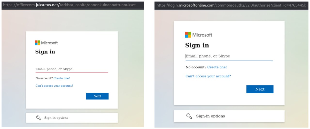 Kuvassa kaksi samankaltaista M365-kirjautumissivua. Toinen on aito kirjautumissivu ja toinen on aitoa jäljittelevä kalastelusivu. Eroja havaitaan muun muassa sivuston URL:issa