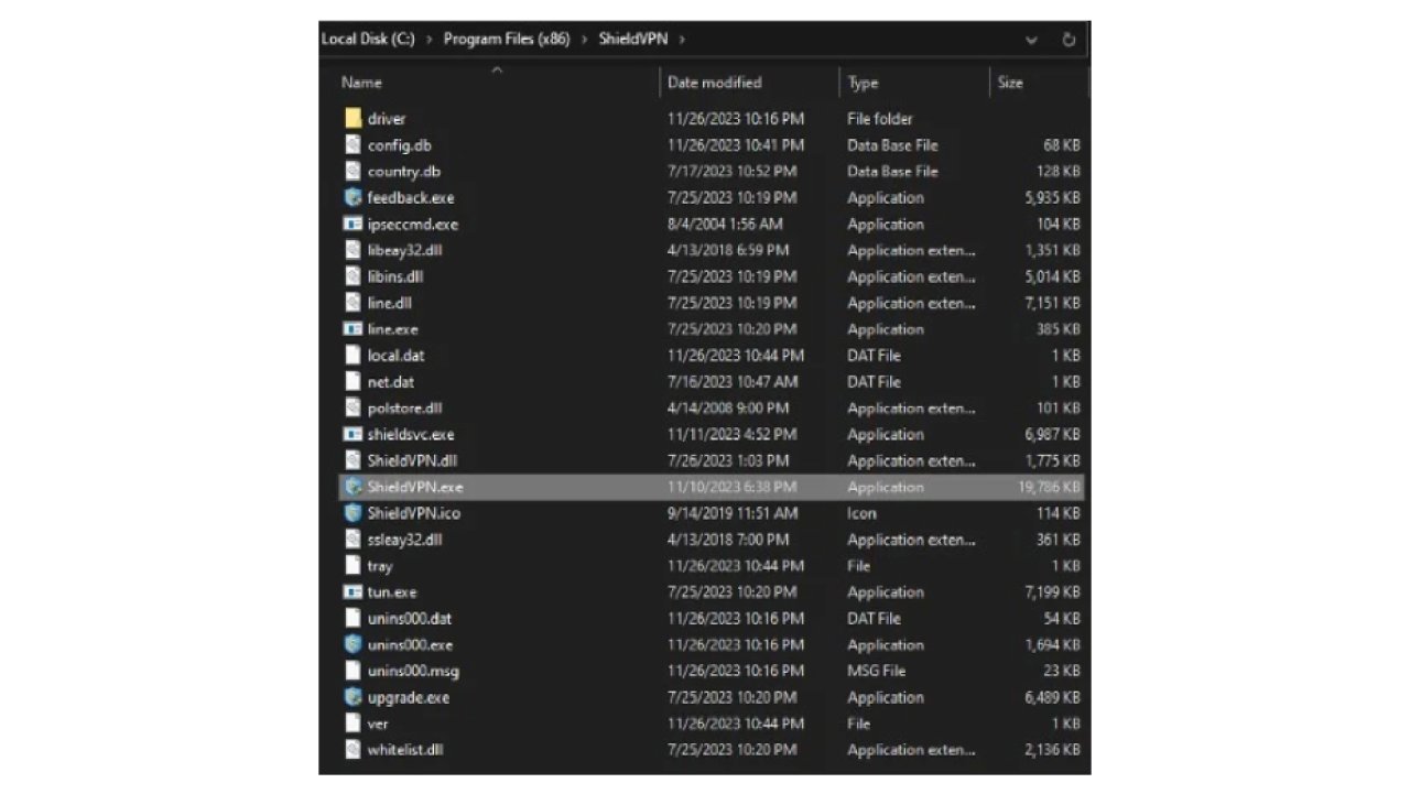 Kuva hakemistolistauksesta: ShieldVPN