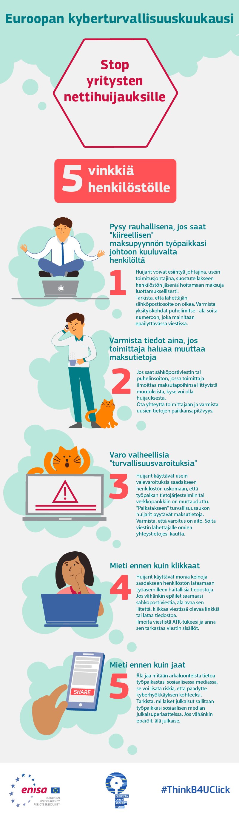 Kuvassa esitetään viisi vinkkiä organisaatioiden henkilöstölle huijauksilta suojautumiseksi.