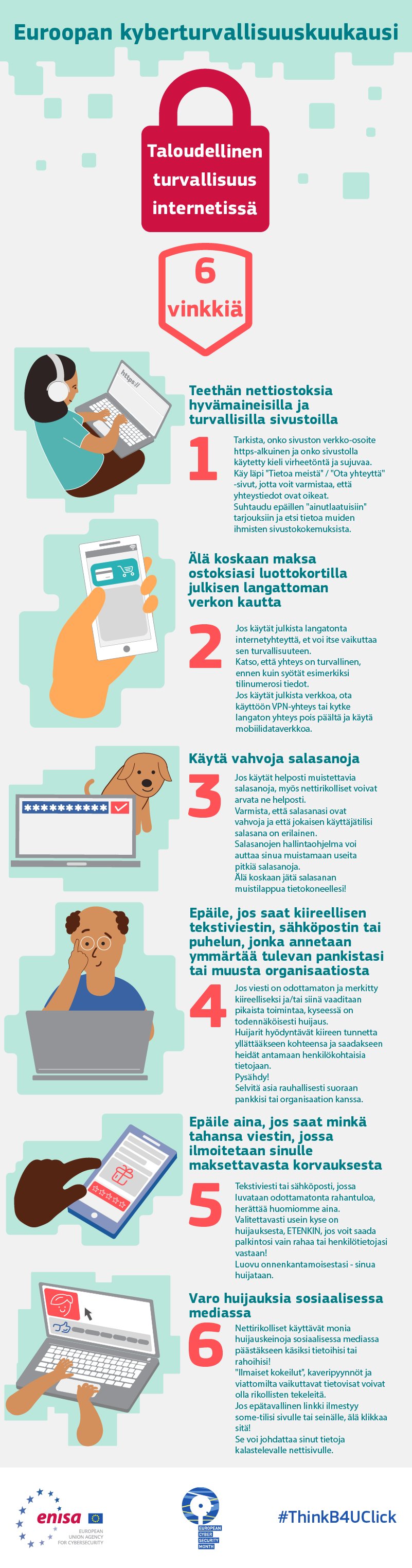 Kuvassa esitetty 6 vinkkiä turvalliseen maksamiseen internetissä