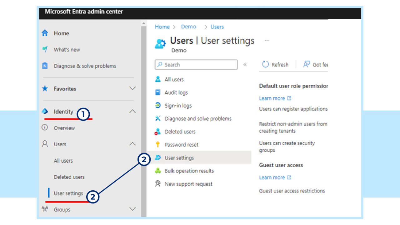 Entra ID:n hallintaportaaliin pääset avaamalla portaalin osoitteessa https://entra.microsoft.com/. Käyttäjien asetuksiin pääset valitsemalla “Identity” tai hakemalla haulla “Identity”. Identity -valikon alta löytyy Users ja siellä on User settings -välilehti