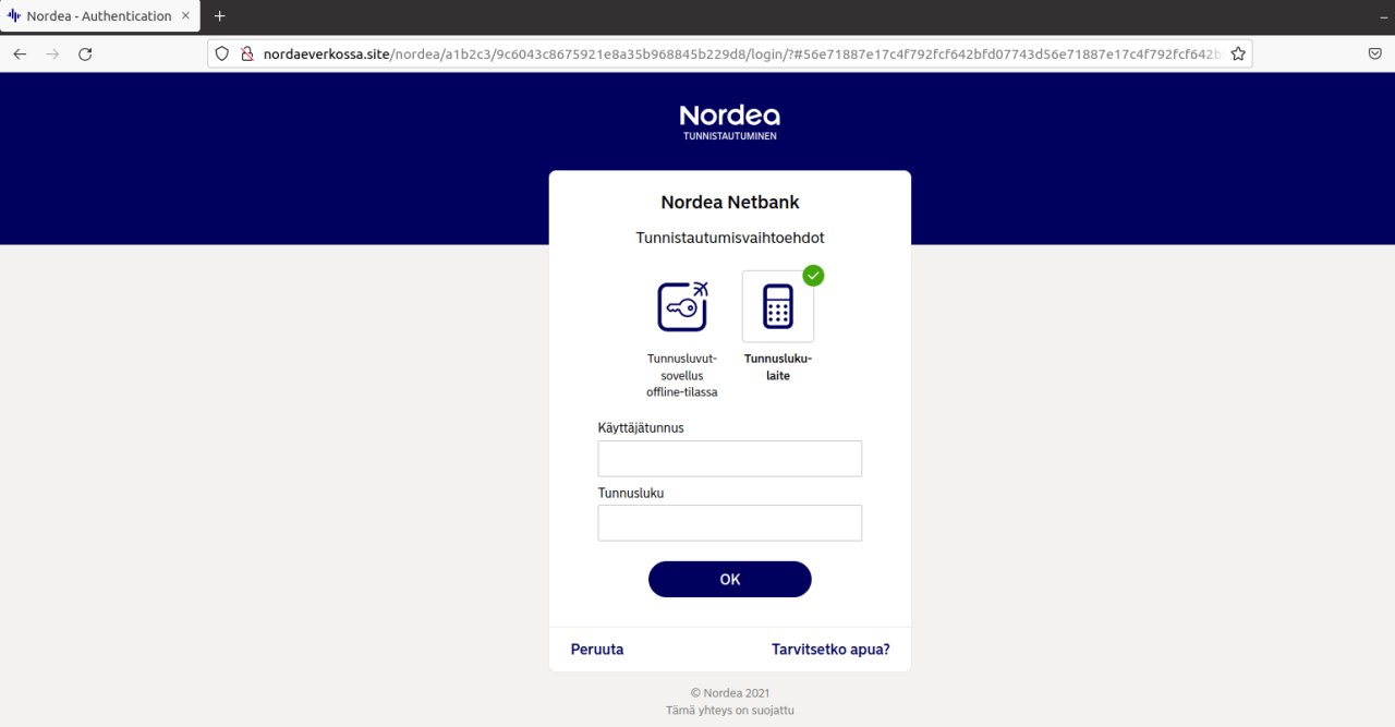 Nordean kirjautumissivua muistuttava huijaussivusto, jonka osoite on nordaeverkossa.site