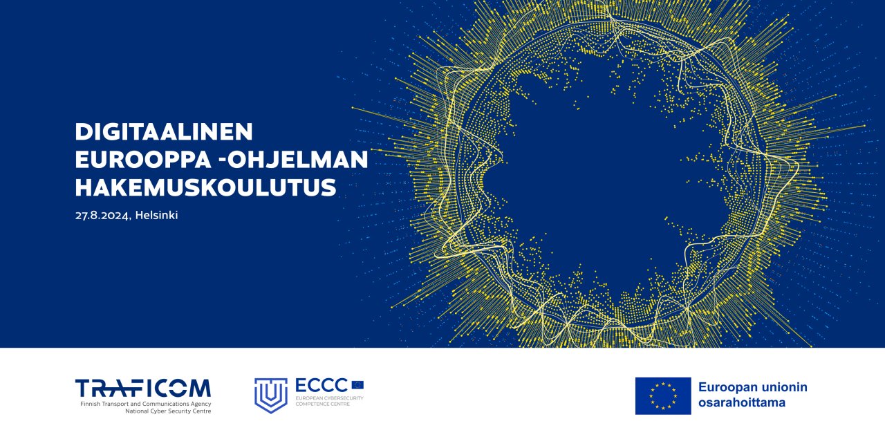 Digitaalinen Eurooppa -ohjelman hakemuskoulutustapahtuman logo, jossa sinisellä taustalla keltainen väreilevä kehä