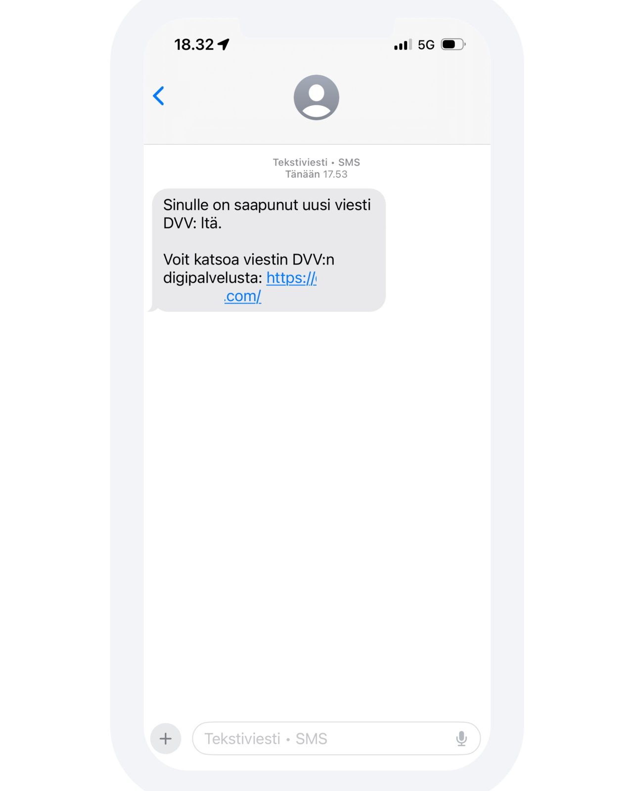 Kuvankaappaus Digi- ja väestötietoviraston nimissä lähetetystä tietojenkalastelutekstiviestistä.