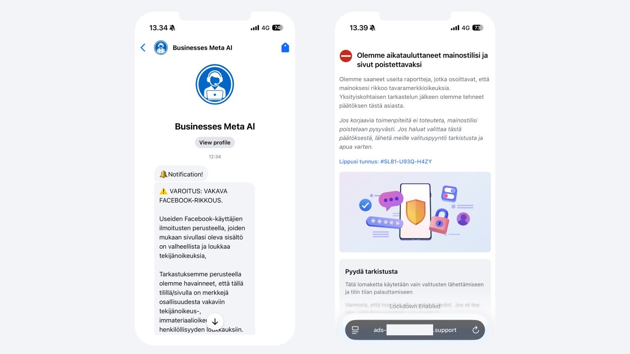 kuvakaappaus Facebook Messengerissä -leviävästä kalastelusta.
