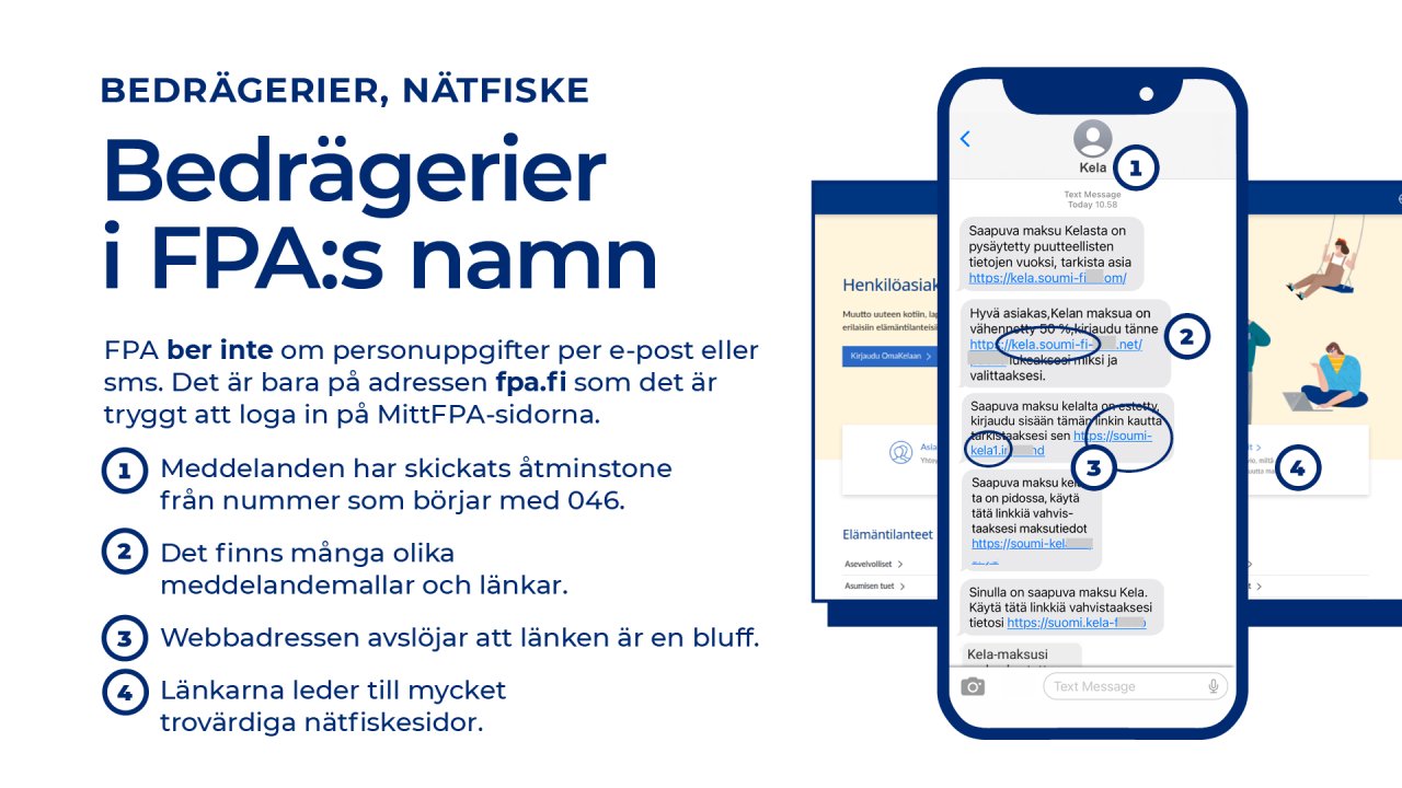Bedrägerier i FPA:s namn, en exempelbild på bilden och följande text: Bedrägerier i FPA:s namn. FPA ber inte om personuppgifter per e-post eller sms. Det är bara på adressen www.fpa.fi som det är tryggt att loga in på MittFPA-sidorna. 1) Meddelanden har skickats åtminstone från nummer som börjar med 046. 2) Det finns många olika meddelandemallar och länkar. 3) Webbadressen avslöjar att länken är en bluff. 4) Länkarna leder till mycket trovärdiga nätfiskesidor.