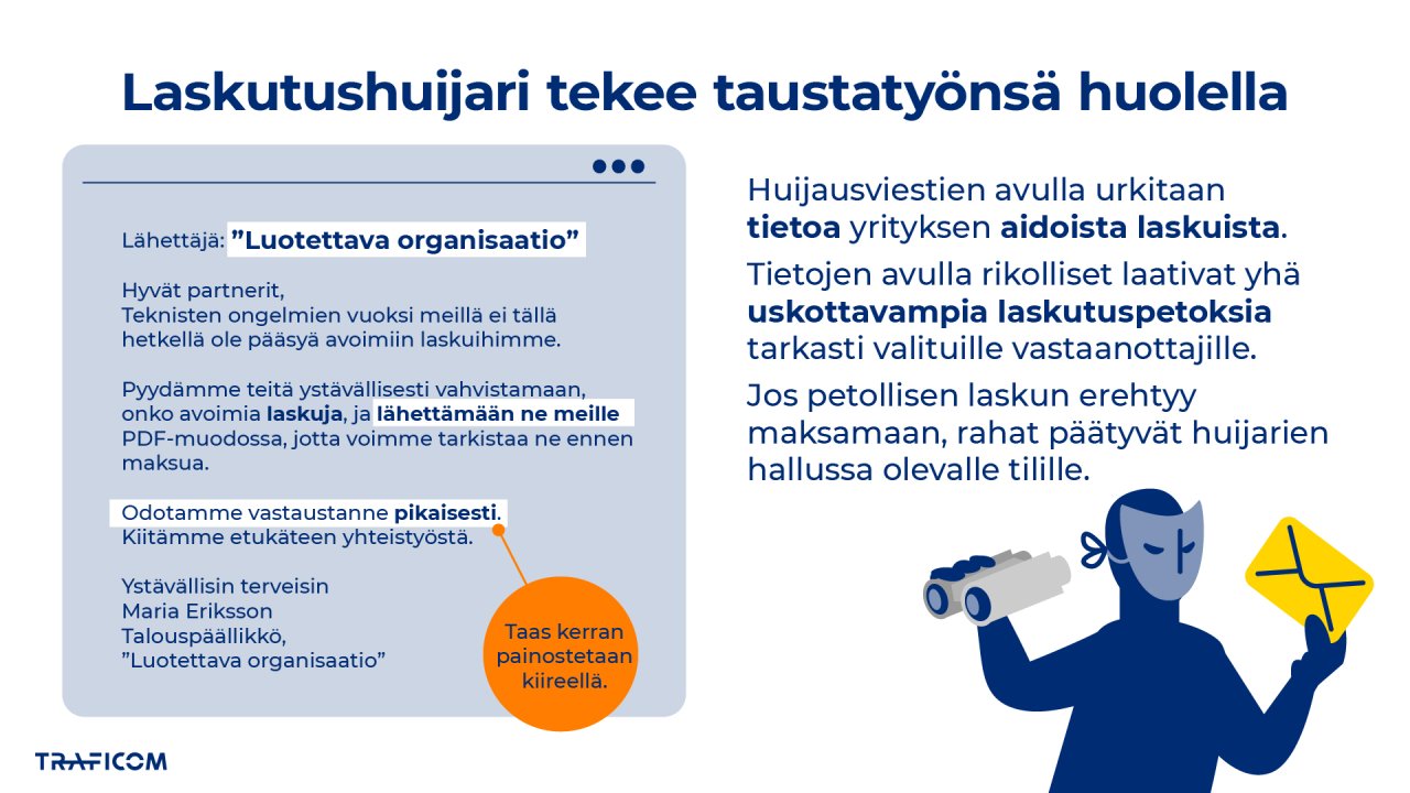 Kuvassa on esimerkki laskutushuijausviestistä, jossa on hoputetaan vastaanottajaa lähettämään organisaatioiden avoimia laskuja rikollisten nähtäväksi.