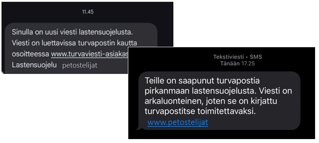 Esimerkkikuva viesteistä, joita huijarit lähettävät lastensuojelun nimissä