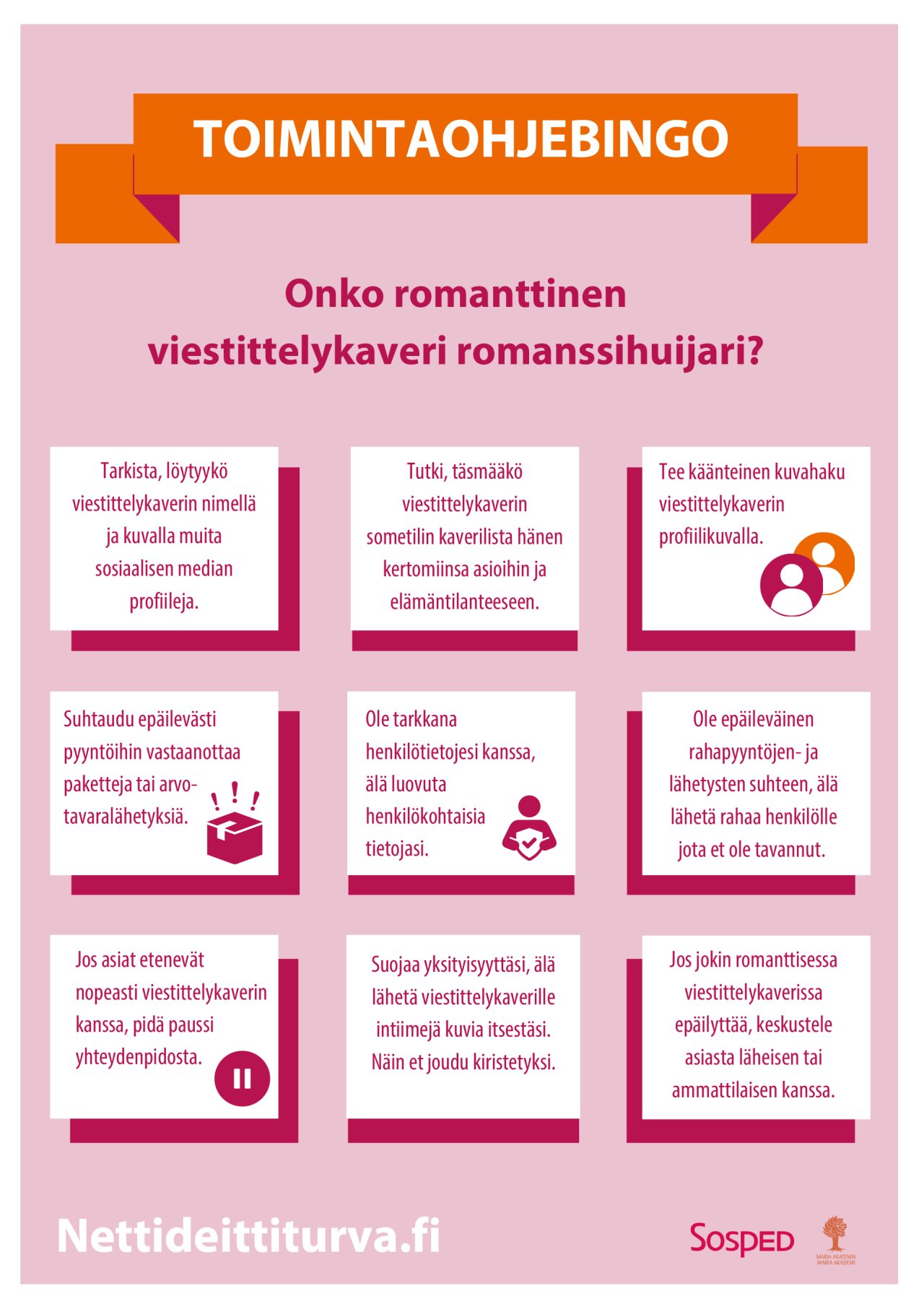 Nettideittiturvan romanssihuijaus-bingo kokoaa yhteen artikkelissa luetellut vinkit.