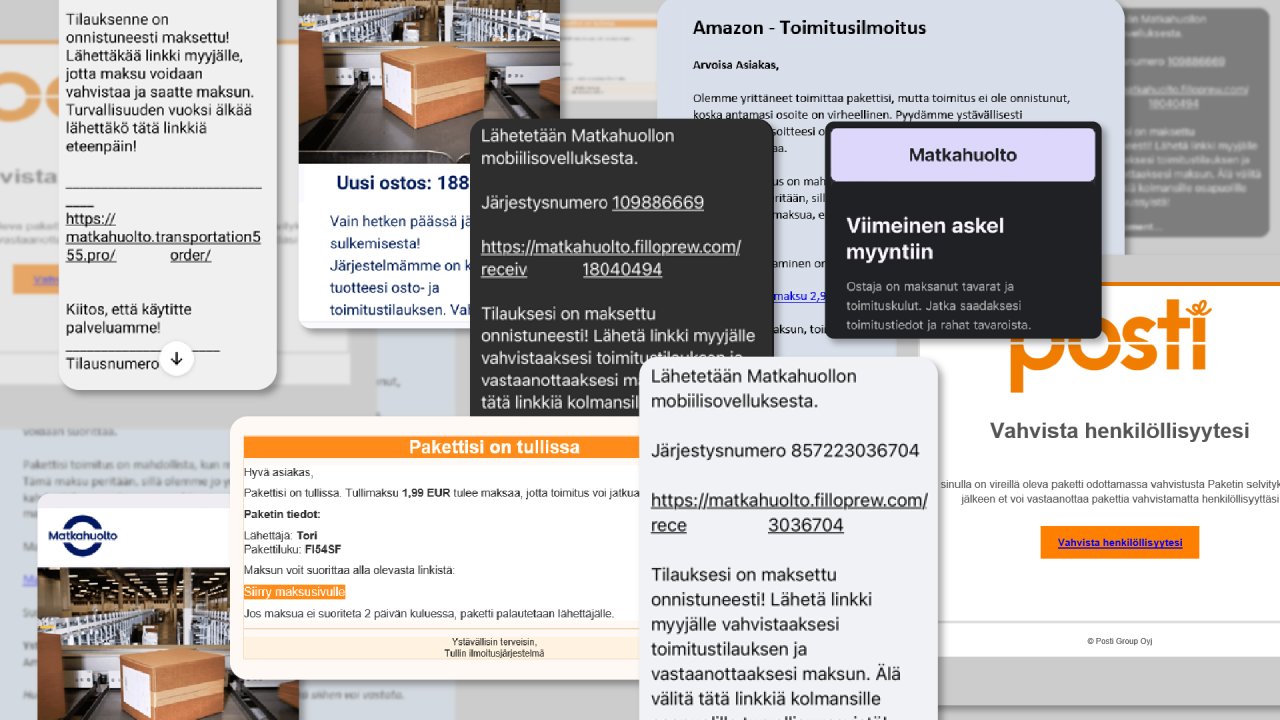 kuvakaappauksia erilaisista pakettihuijausviesteistä, joita on lähetetty muun muassa Postin ja Matkahuollon nimissä.