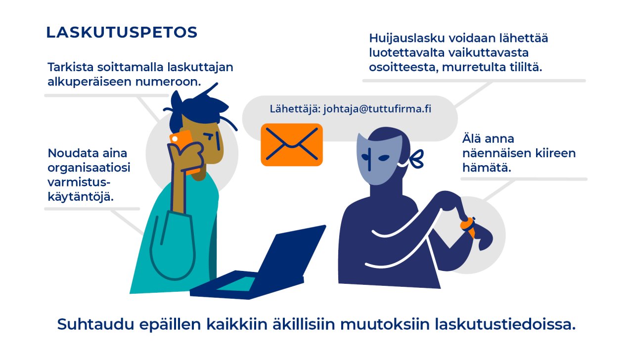 Laskutuspetos: Suhtaudu epäillen kaikkiin äkillisiin muutoksiin laskutustiedoissa. Tarkista soittamalla laskuttajan alkuperäiseen numeroon. Noudata aina  organisaatiosi varmistus-käytäntöjä. Huijauslasku voidaan lähettää luotettavalta vaikuttavasta osoitteesta, murretulta tililtä. Älä anna näennäisen kiireen hämätä.