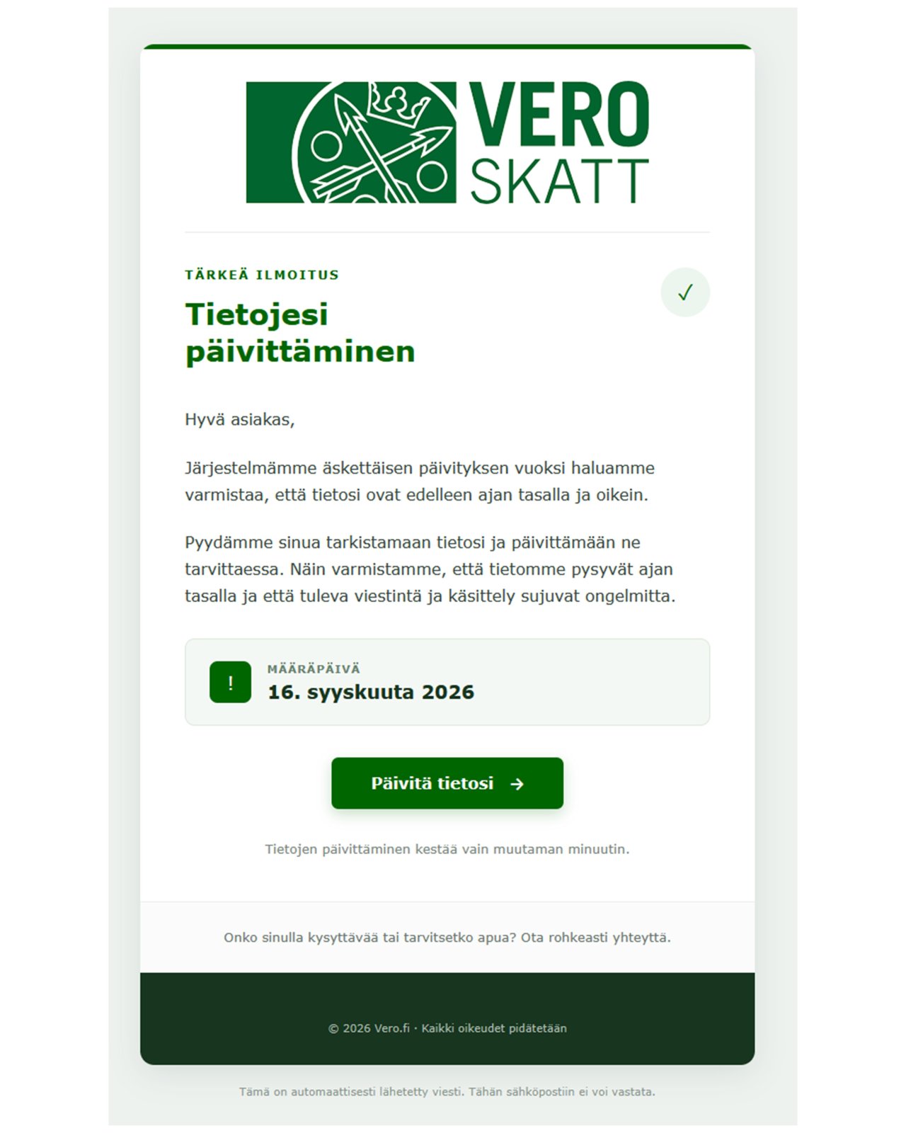 Kuvankaappaus Veron nimissä sähköpostitse lähetetystä tietojenkalasteluviestistä.