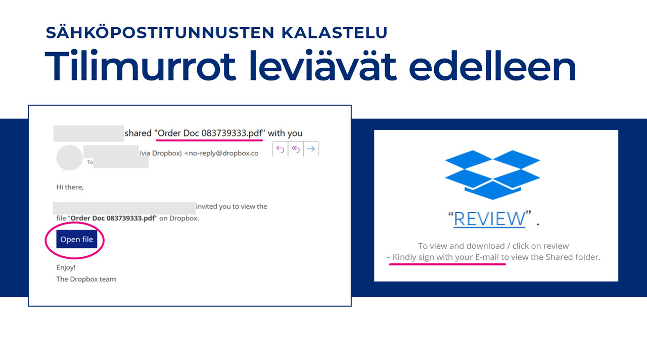 Tilimurrot leviävät edelleen: kuvakaappaus muka "Dropboxilita" saapuneesta sähköpostiviestistä, jossa lukijaa kehotetaan avaamaan "Order Doc 083739333.pdf"-niminen tiedosto kirjautumalla "palveluun" sähköpostitunnuksillaan. 