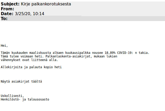 Sähköposti-ilmoitus perättömästä palkankorotukseta