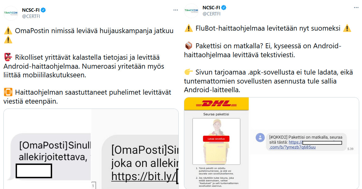 Kyberturvallisuuskeskuksen Twitter-tilillä on varoitettu Android-haittaohjelmista tänä vuonna monesti. Haittaohjelmia levitetään tekstiviestitse ja viesteissä voidaan käyttää esimerkiksi pakettiteemaa.