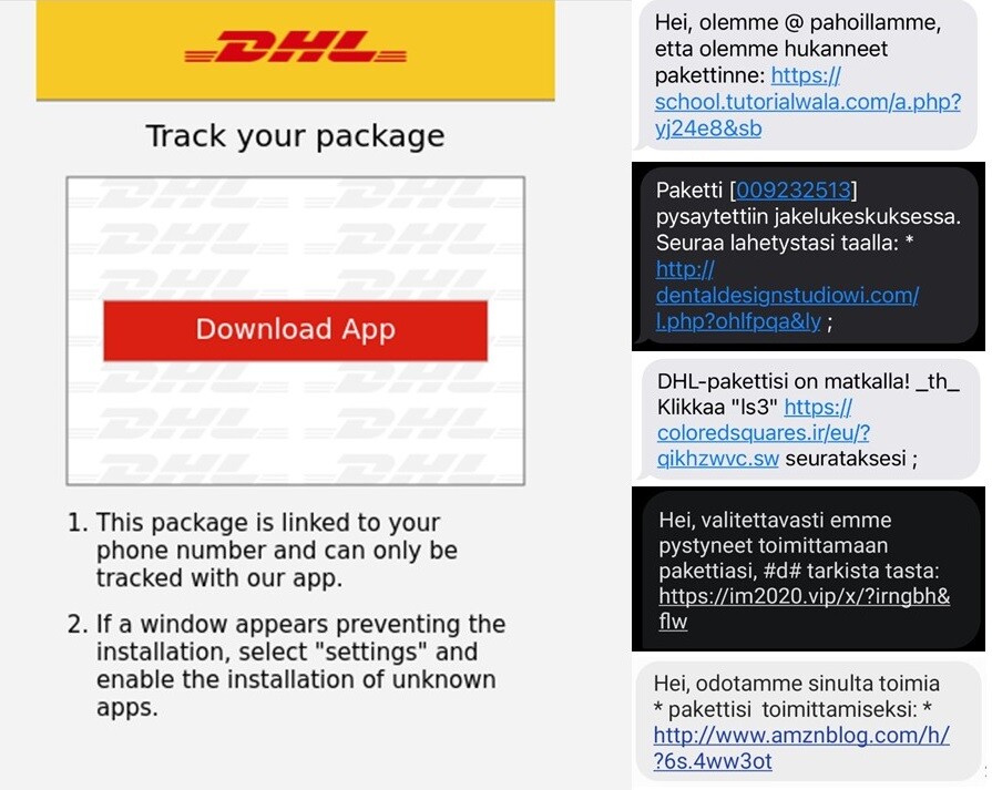 DHL-teemaisissa viesteissä laitteelle houkutellaan asentamaan myös FluBot-haittaohjelma. Viestien ulkoasut vaihtelevat laajasti.