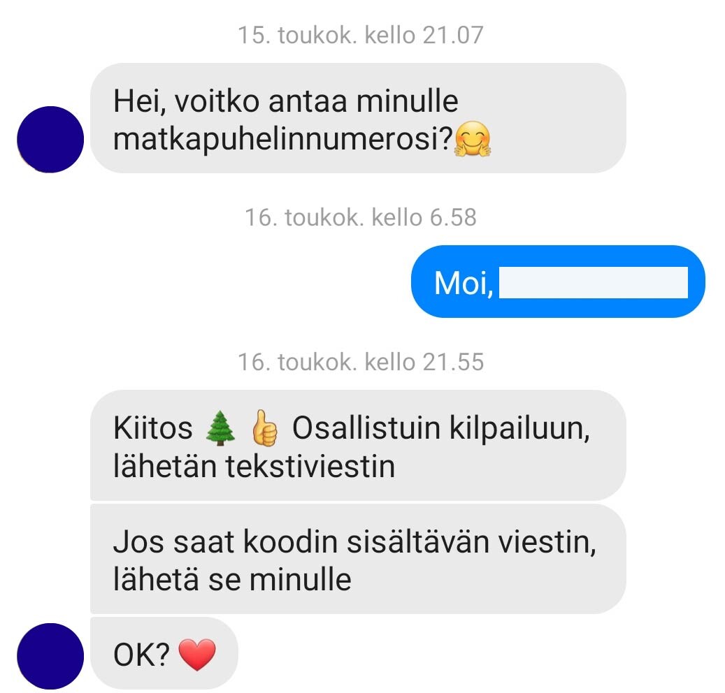 Facebook-messenger keskustelu, jossa pyydetään henkilön puhelinnumeroa ja tekstiviestillä tulevaa koodia