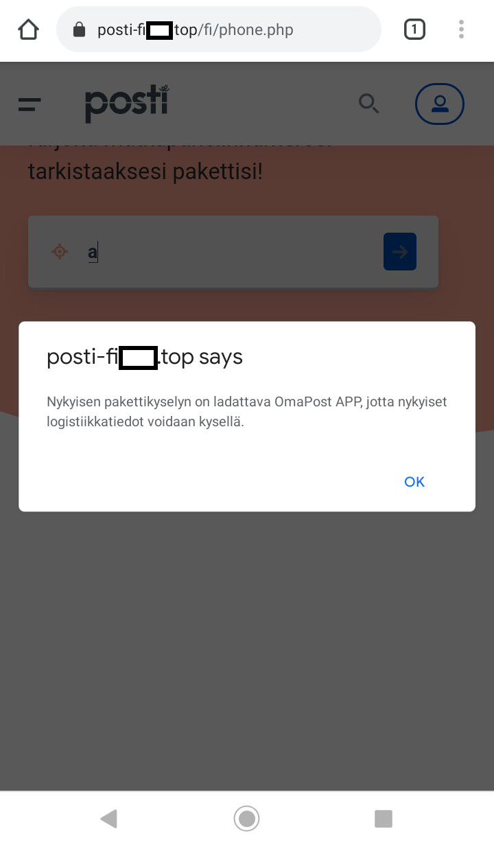 Ilmoitus mobiiliselaimen verkkosivulla, jossa kerrotaan "OmaPosti APP" -ohjelman lataamisesta. Kyseessä on haittaohjelma, jota ei tule ladata.