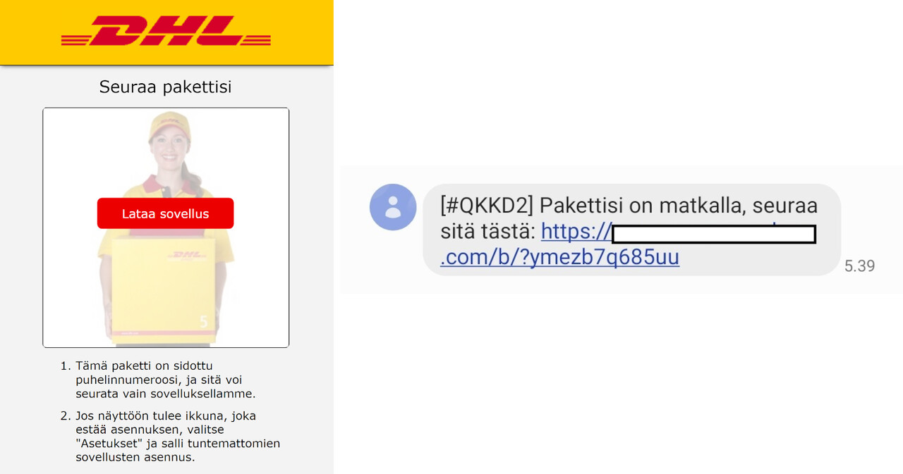 DHL-logoa käyttävä sivusto, joka pyytää lataamaan haittaohjelman laitteelle. Suomenkielinen tekstiviesti, joka kertoo pakettitoimituksesta.