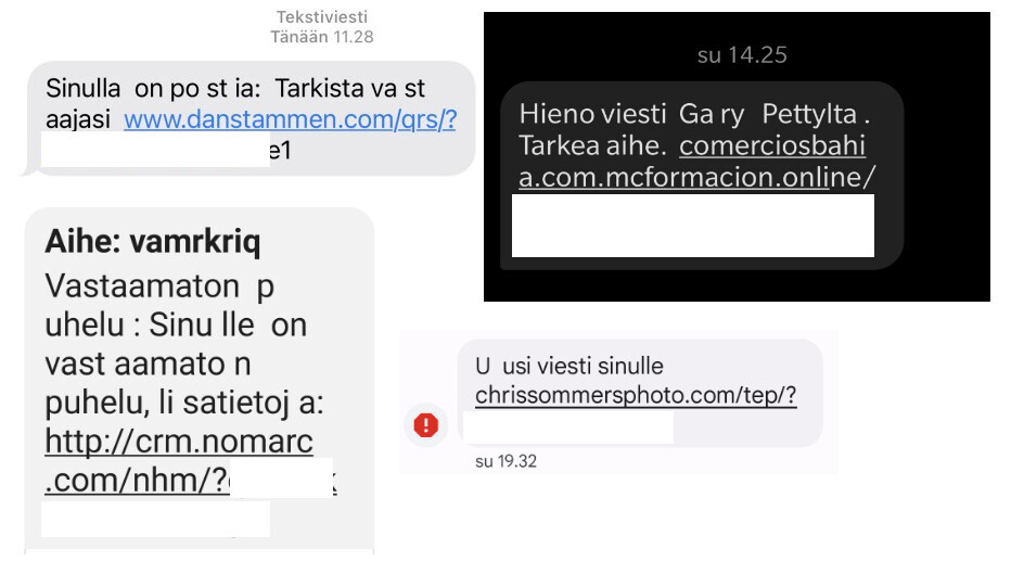 FluBot-haittaohjelmaa levittäviä viestejä, joissa on rikkinäistä suomen kieltä. Vastaanottajaa pyydetään avaamaan linkki ja asentamaan sen takaa löytyvä haittaohjelma.