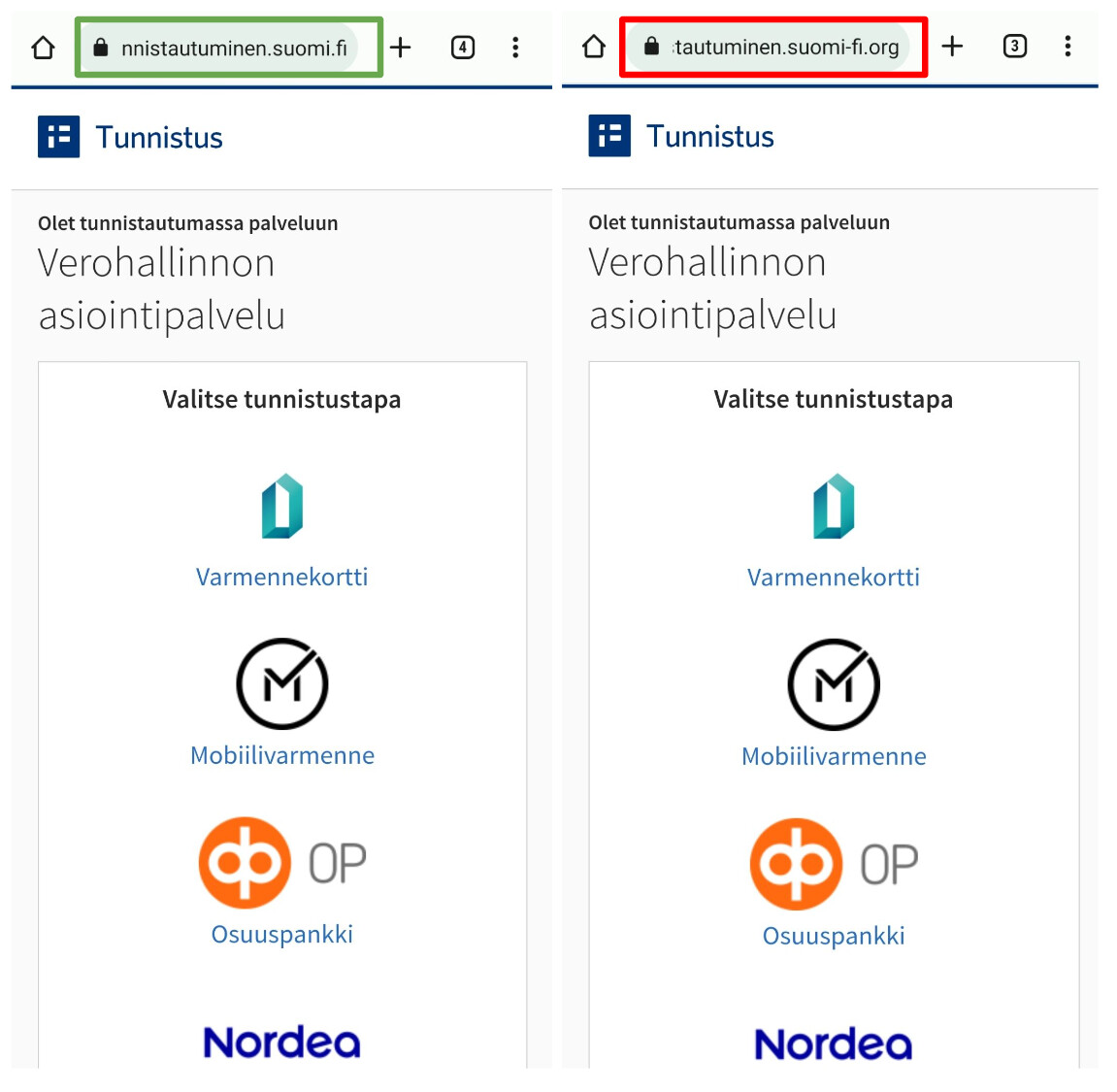 Kuva huijaussivusta. Huijauksen tunnistaa ylimääräisestä "-fi.org"-päätteestä osoitteen lopussa.