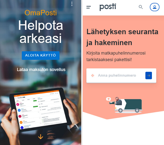 Kaksi kuvakaappausta puhelimen ruudulta, joissa kaksi huijausviestiin liittyvää kuvaa. Toisessa kuvassa pyydetään lataamaan OmaPosti-sovellus, joka asennettaessa pyytää Android-laitteista laajoja käyttöoikeuksia. Toisessa kuvassa aidon näköinen Postin sivu, jossa pyydetään puhelinnumeroa toimituksen seurantaa varten.