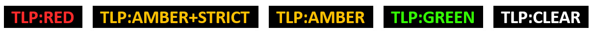 TLP-liikennevaloprotokollan esimerkki leimat (TLP:RED, TLP:AMBER+STRICT, TLP:AMBER, TLP:GREEN, TLP-CLEAR)