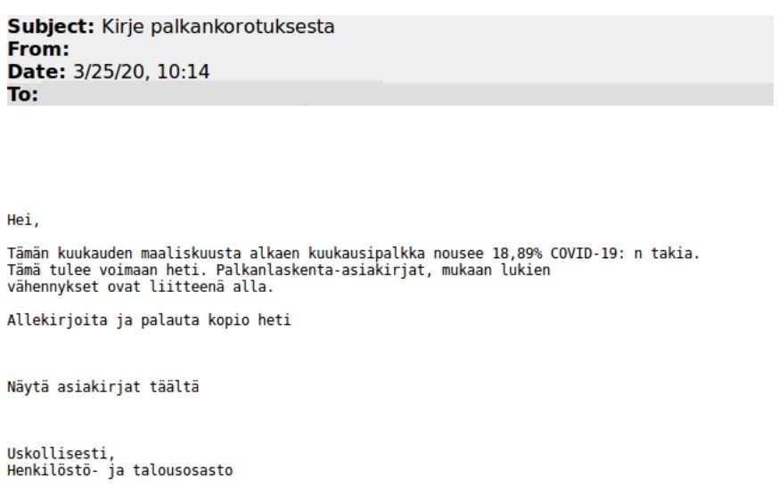 "esimerkkikuva korona-aiheisesta palkanmaksuhuijauksesta"