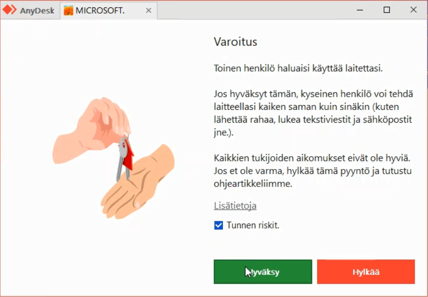 Etähallintaohjelma sallii huijarin hallita tietokonettasi, joten älä klikkaa "hyväksy"