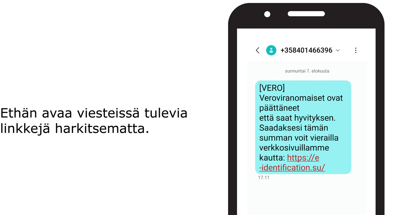 Huijausviesti: [VERO] Veroviranomaiset ovat päättäneet että saat hyvityksen. Saadaksesi tämän summan voit vierailla verkkosivuillamme kautta: linkki