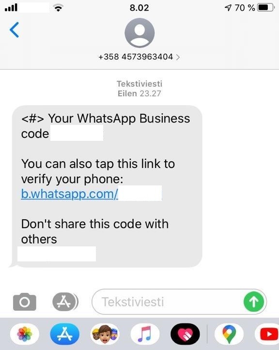 WhatsApp Business -palvelulta saapunut kirjautumisen vahvistusviesti.