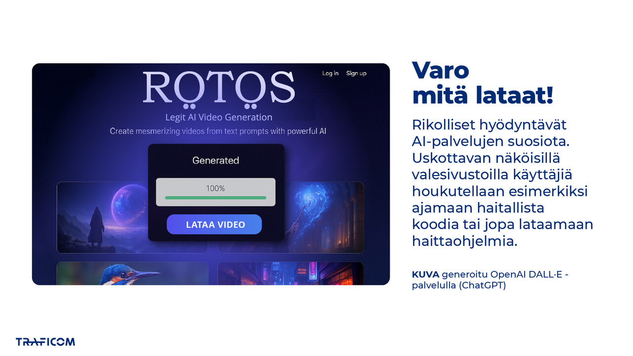 Tekoälyllä generoitu "kuvakaappaus" valeverkkosivusta, joka on naamioitu videogeneraattoripalveluksi. Pop Up -ikkuna väittää, että käyttäjän video on valmis ja kehottaa lataamaan tiedoston. Näin sivusto houkuttelee käyttäjää lataamaan haittaohjelman.