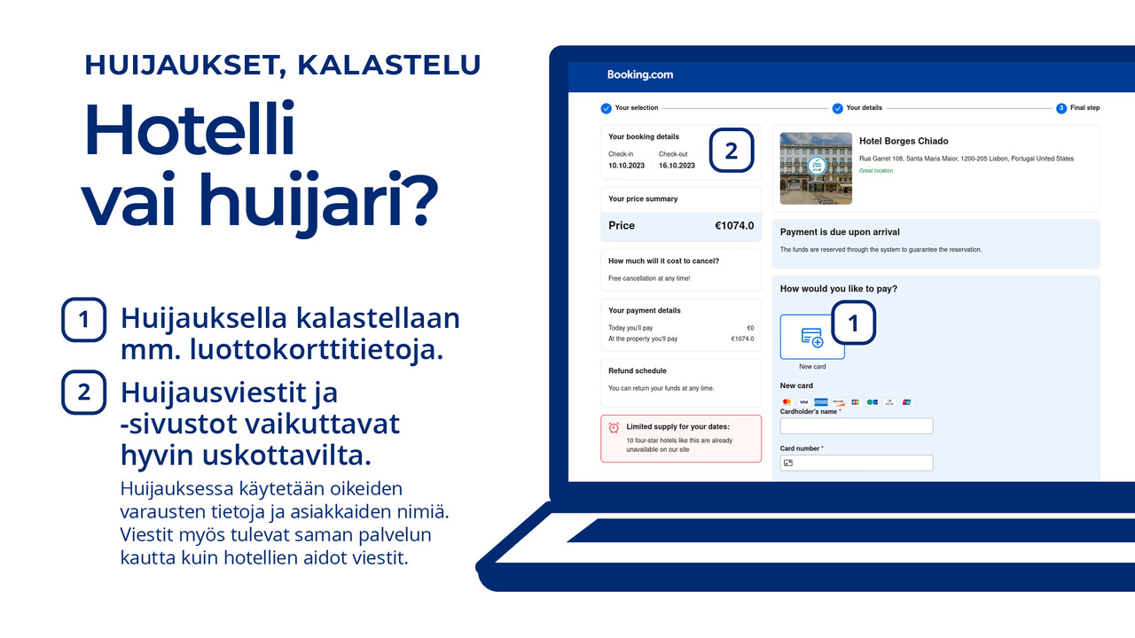 kuvassa esimerkki hotellisivuston nimissä tapahtuvasta kalastelusta