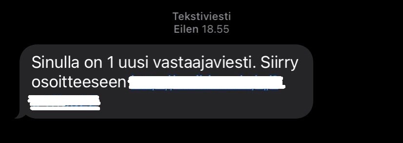 Tekstiviesti: Sinulla on 1 uusi vastaajaviesti. Siirry osoitteeseen (osoite peitetty)