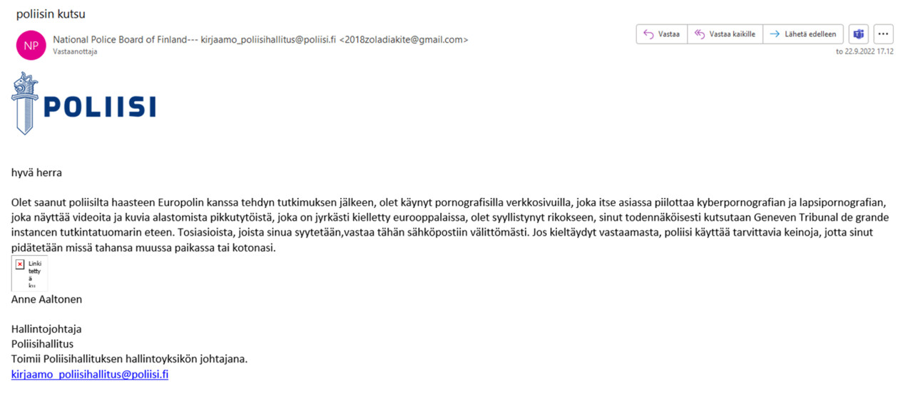Huijausviesti poliisin nimissä: "Hyvä herra, olet saanut poliisilta haasteen Europolin kanssa tehdyn tutkimuksen jälkeen, olet käynyt pornografisilla verkkosivuilla..."