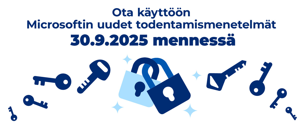 julistemainen piirroskuvitus uutuuttaan kiiltävistä lukoista ja avaimista muistuttaa: "ota käyttöön Microsoftin uudet todentamismenetelmät 30.9.2025 mennessä.
