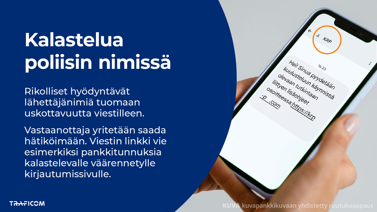 Valokuvassa puhelimen ruudulla näkyy kuvakaappaus KRP:n nimissä lähetetystä kalasteluviestistä: "Hei! Sinua pyydetään kuulusteluun...". Viestin linkki vie esimerkiksi pankkitunnuksia kalastelevalle väärennetylle kirjautumissivulle.