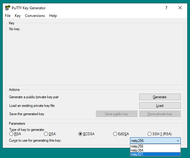 Haavoittuva avaintyyppi on PuTTYgen-ohjelmassa valittavana nimellä nistp521