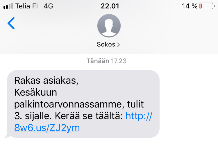 Huijausviesti Sokoksen nimissä. Viestissä lukee: "Rakas asiakas, Kesäkuun palkintoarvonnassamme, tulit 3. sijalle. Kerää se täältä"