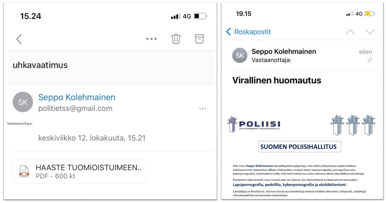 Huijausviestejä poliisin nimissä otsikoilla 'uhkavaatimus' ja 'virallinen huomautus'.