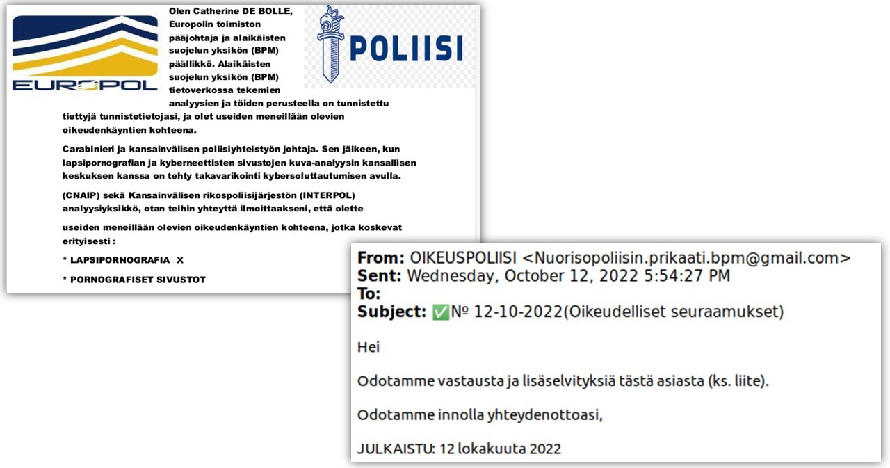 Huijausviestejä poliisin nimissä. Toisessa viestissä poliisin ja Europolin logot. Toinen viesti näyttää tulevan "oikeuspoliisilta".