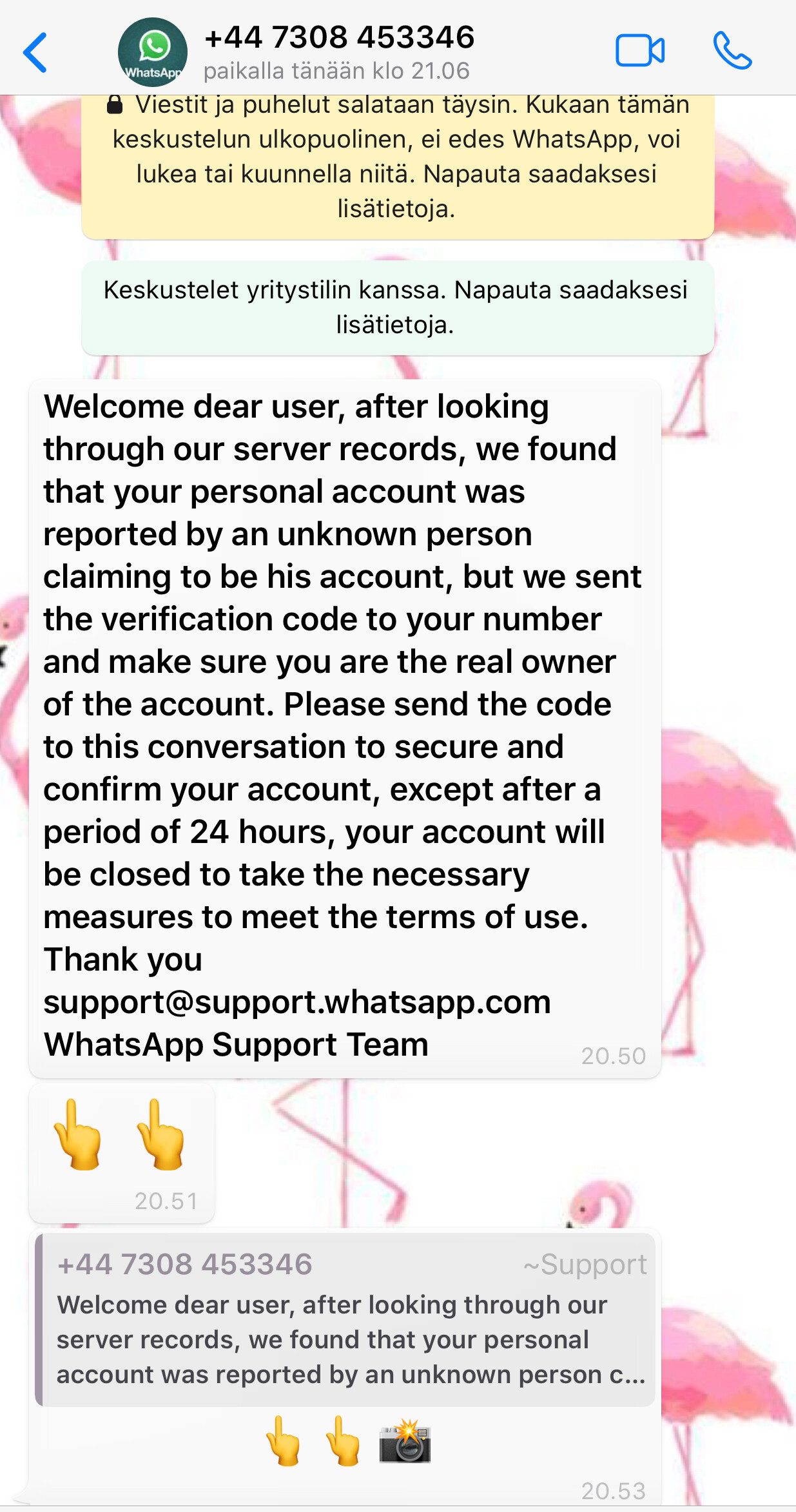 WhatsApp-tilin vahvistuskoodia kalasteleva viesti, jonka lähettäjä tekeytyy WhatsAppin tueksi (support).