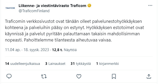 @TraficomFinland Twiitti 18.9.2023 palvelunestohyökkäyksestä